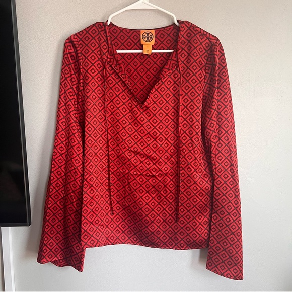 Tory Burch Geometric Patterned Silk Blouse Red Print 8 - Picture 1 of 5